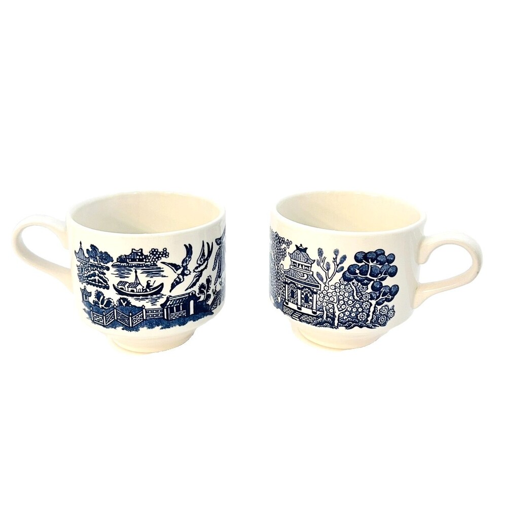 Churchill Blue Willow Georgian Mugs Set of 2 Vintage England 6 oz Tea Coffee Cup